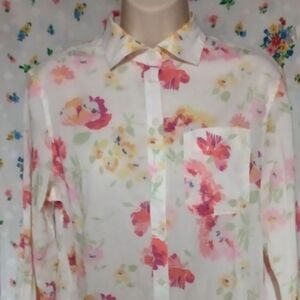 Chaps Ladies Bottom down Blouse, sz M, Cream Floral Print, pre-owned